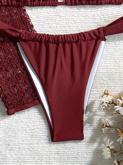 Women's Elegant Fashion Beach Vacation Solid Brown Tie Back Open Back 3-Piece Bikini Set Textured Fabric Dress Cover-Up Swimwear For Spring Summer