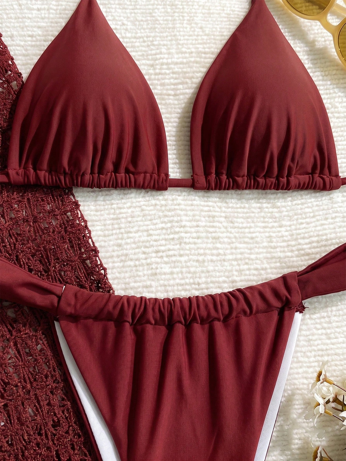 Women's Elegant Fashion Beach Vacation Solid Brown Tie Back Open Back 3-Piece Bikini Set Textured Fabric Dress Cover-Up Swimwear For Spring Summer