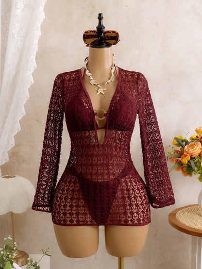 Women's Elegant Fashion Beach Vacation Solid Brown Tie Back Open Back 3-Piece Bikini Set Textured Fabric Dress Cover-Up Swimwear For Spring Summer