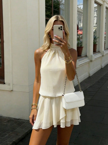 Women's Elegant Fashion Romantic Draped Neck Tie Backless Cowl Neck Short Mini Dress With Built-In Safety Shorts Anti-Exposure Design Yellow Summer
