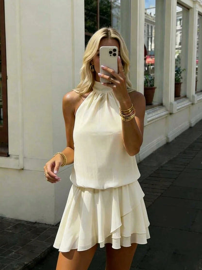 Women's Elegant Fashion Romantic Draped Neck Tie Backless Cowl Neck Short Mini Dress With Built-In Safety Shorts Anti-Exposure Design Yellow Summer