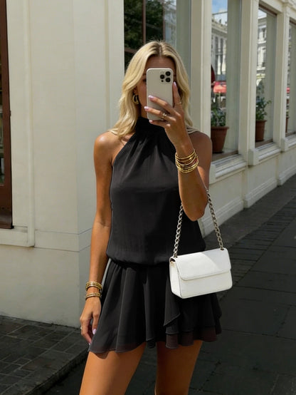Women's Elegant Fashion Romantic Draped Neck Tie Backless Cowl Neck Short Mini Dress With Built-In Safety Shorts Anti-Exposure Design Yellow Summer