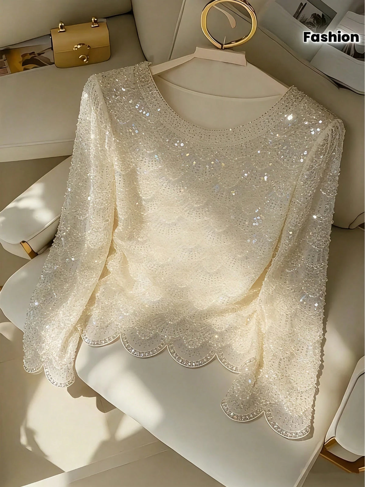 Women's Elegant Handmade Faux Pearl Tassel Semi-Sheer Apricot Blouse- Sparkling Casual Fashion Long Sleeve Shirt, Holiday Outfits,Sparkling Sequins