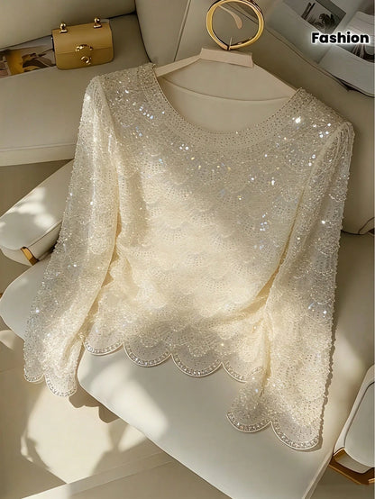 Women's Elegant Handmade Faux Pearl Tassel Semi-Sheer Apricot Blouse- Sparkling Casual Fashion Long Sleeve Shirt, Holiday Outfits,Sparkling Sequins