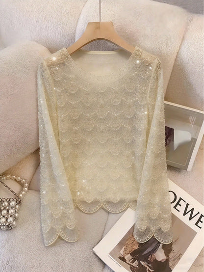 Women's Elegant Handmade Faux Pearl Tassel Semi-Sheer Apricot Blouse- Sparkling Casual Fashion Long Sleeve Shirt, Holiday Outfits,Sparkling Sequins