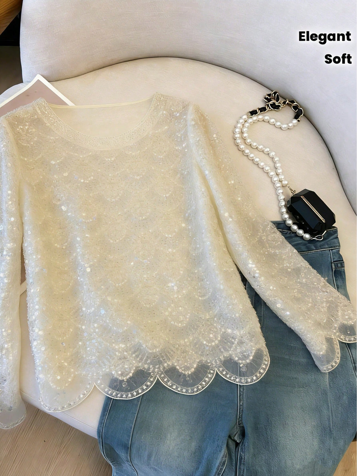 Women's Elegant Handmade Faux Pearl Tassel Semi-Sheer Apricot Blouse- Sparkling Casual Fashion Long Sleeve Shirt, Holiday Outfits,Sparkling Sequins
