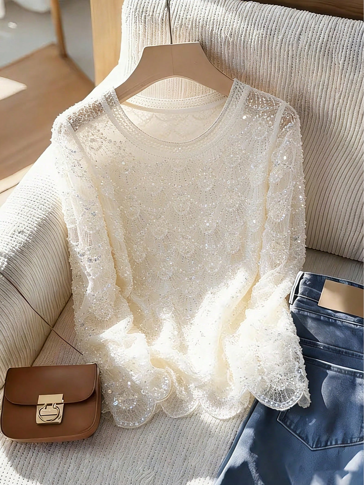 Women's Elegant Handmade Faux Pearl Tassel Semi-Sheer Apricot Blouse- Sparkling Casual Fashion Long Sleeve Shirt, Holiday Outfits,Sparkling Sequins