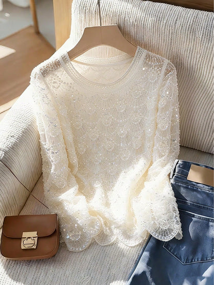 Women's Elegant Handmade Faux Pearl Tassel Semi-Sheer Apricot Blouse- Sparkling Casual Fashion Long Sleeve Shirt, Holiday Outfits,Sparkling Sequins
