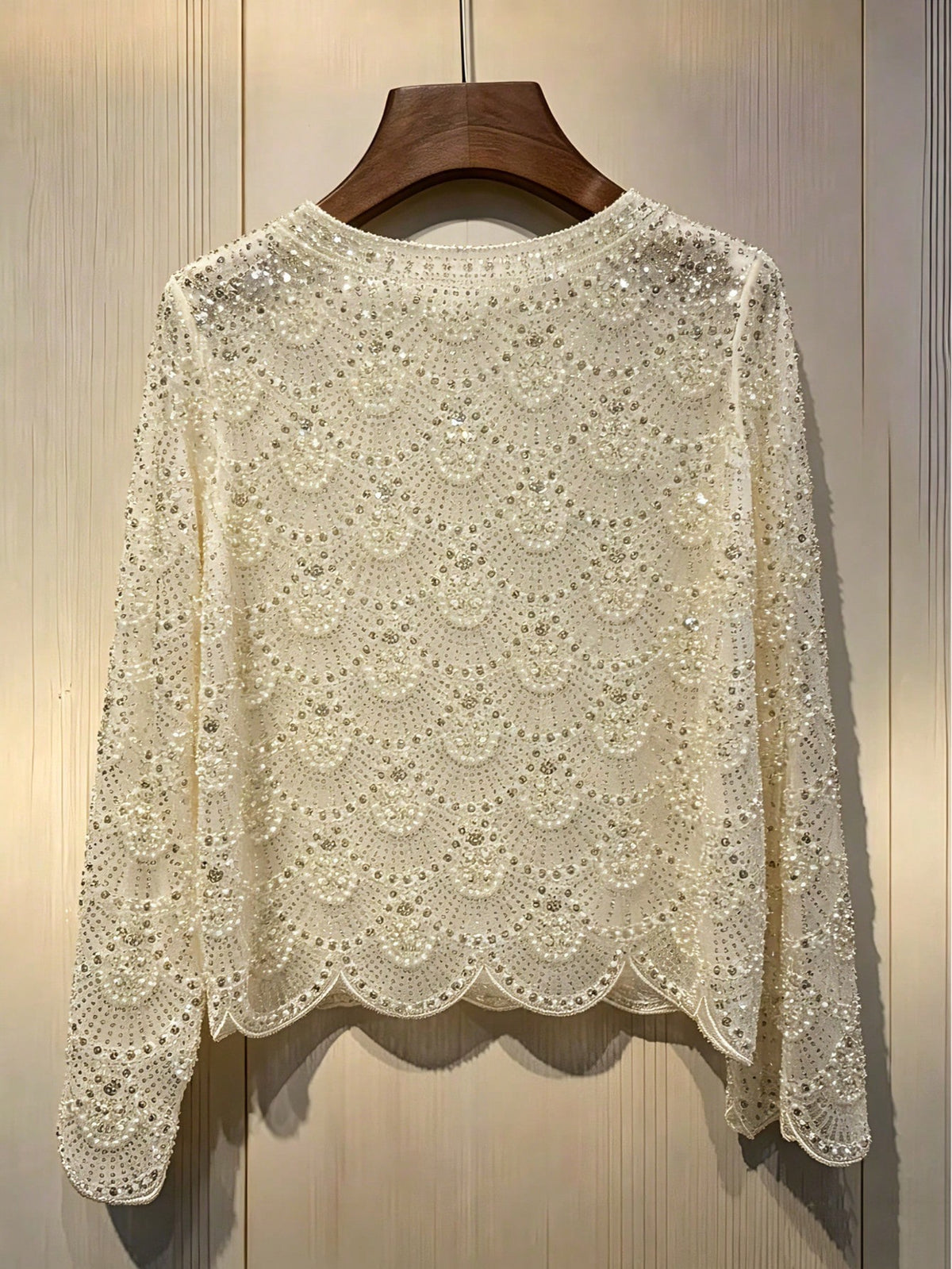 Women's Elegant Handmade Faux Pearl Tassel Semi-Sheer Apricot Blouse- Sparkling Casual Fashion Long Sleeve Shirt, Holiday Outfits,Sparkling Sequins
