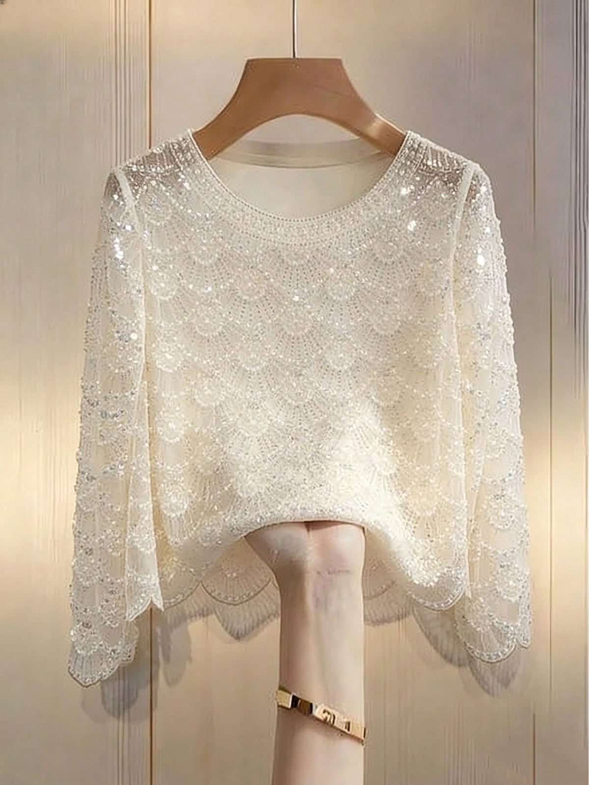 Women's Elegant Handmade Faux Pearl Tassel Semi-Sheer Apricot Blouse- Sparkling Casual Fashion Long Sleeve Shirt, Holiday Outfits,Sparkling Sequins