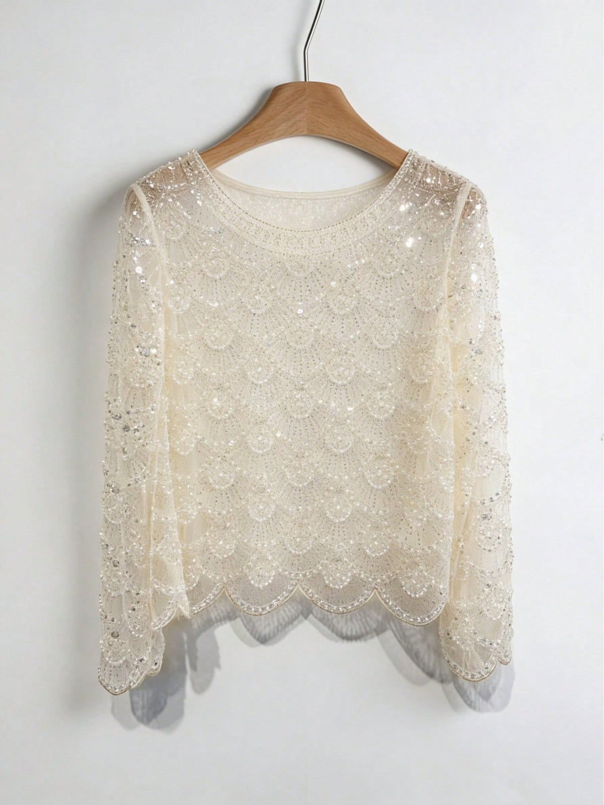 Women's Elegant Handmade Faux Pearl Tassel Semi-Sheer Apricot Blouse- Sparkling Casual Fashion Long Sleeve Shirt, Holiday Outfits,Sparkling Sequins