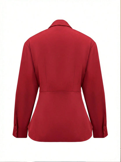 Women's Elegant Shirt, Distinctive Cinched Waist Hook Design Shirt, Long Sleeve Office Shirt, Versatile Daily Wear Top Spring Red