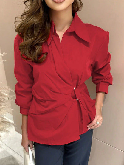 Women's Elegant Shirt, Distinctive Cinched Waist Hook Design Shirt, Long Sleeve Office Shirt, Versatile Daily Wear Top Spring Red