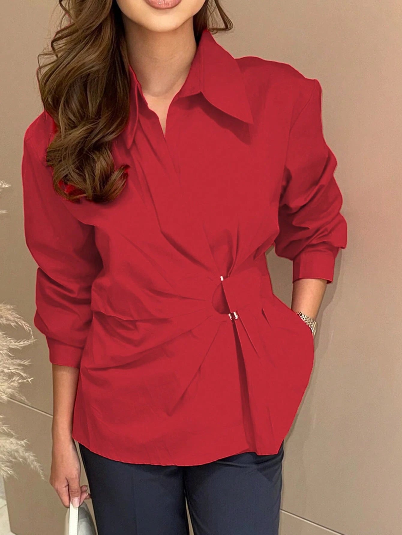 Women's Elegant Shirt, Distinctive Cinched Waist Hook Design Shirt, Long Sleeve Office Shirt, Versatile Daily Wear Top Spring Red