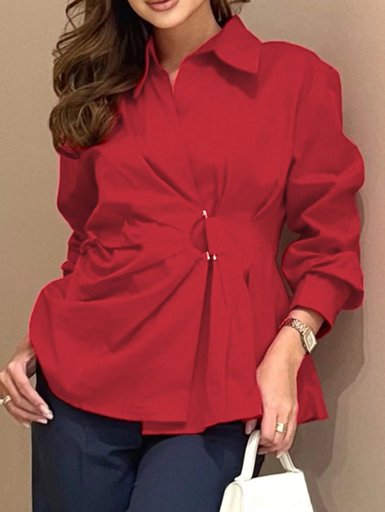 Women's Elegant Shirt, Distinctive Cinched Waist Hook Design Shirt, Long Sleeve Office Shirt, Versatile Daily Wear Top Spring Red