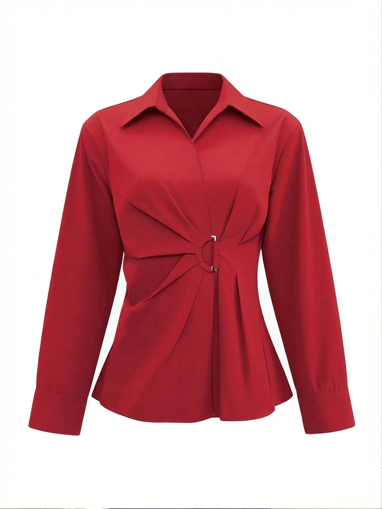 Women's Elegant Shirt, Distinctive Cinched Waist Hook Design Shirt, Long Sleeve Office Shirt, Versatile Daily Wear Top Spring Red
