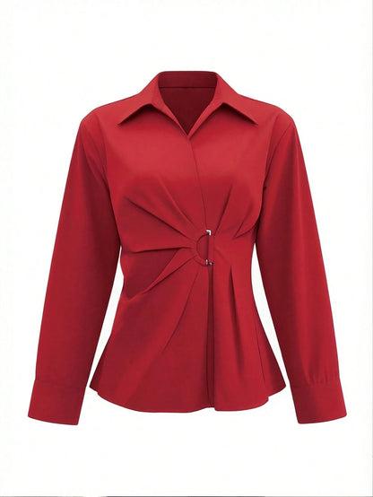 Women's Elegant Shirt, Distinctive Cinched Waist Hook Design Shirt, Long Sleeve Office Shirt, Versatile Daily Wear Top Spring Red