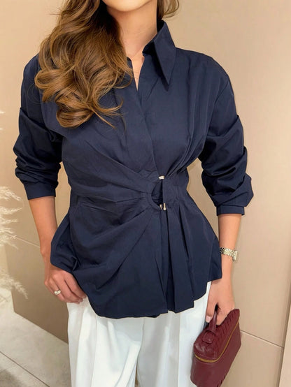 Women's Elegant Shirt, Distinctive Cinched Waist Hook Design Shirt, Long Sleeve Office Shirt, Versatile Daily Wear Top Spring Red