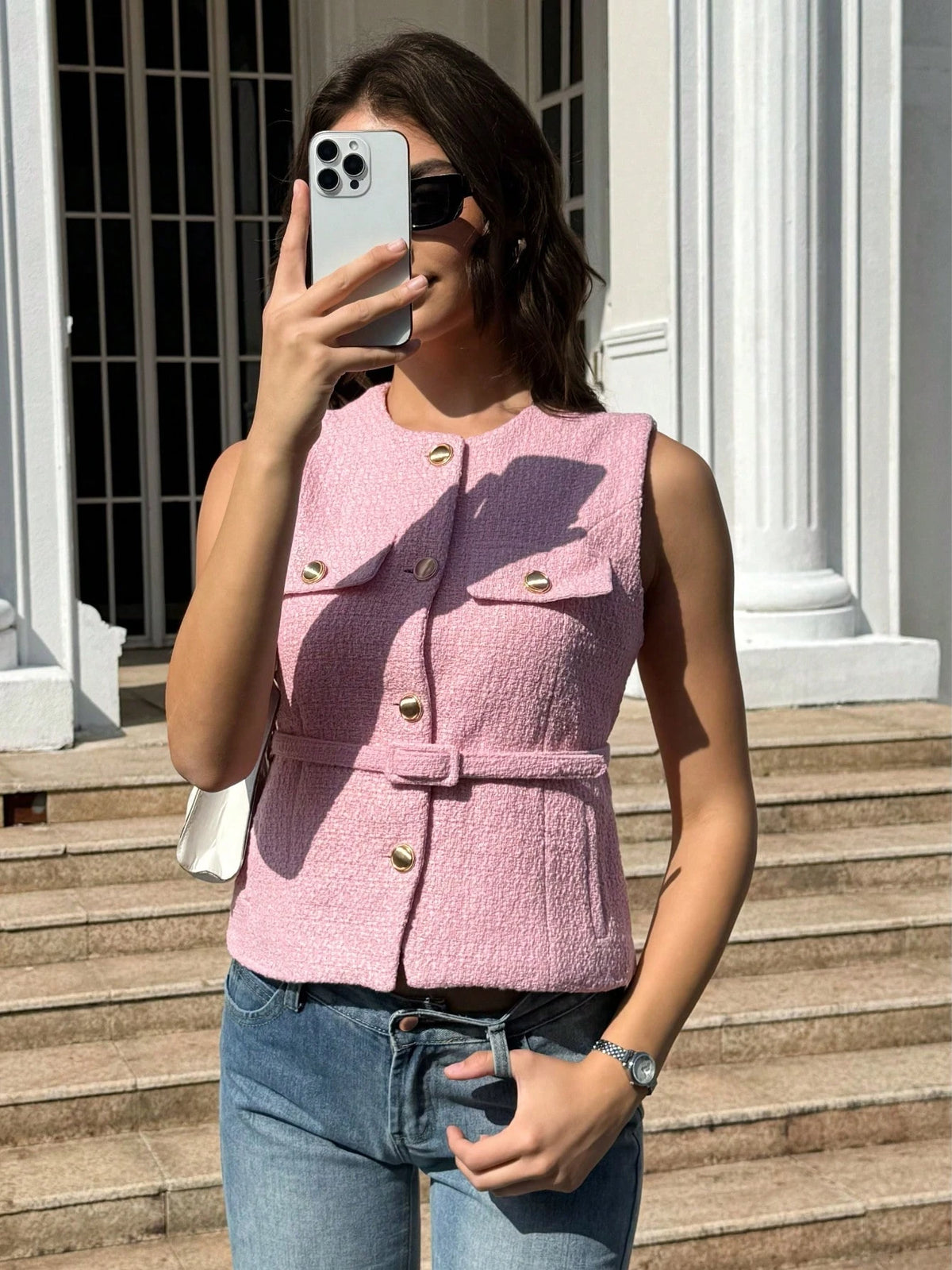 Women's Elegant Single-Breasted Sleeveless Top, Casual Fashion Pocket Decor Vest Summer