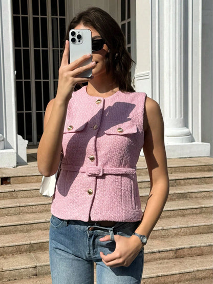 Women's Elegant Single-Breasted Sleeveless Top, Casual Fashion Pocket Decor Vest Summer