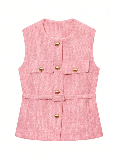 Women's Elegant Single-Breasted Sleeveless Top, Casual Fashion Pocket Decor Vest Summer