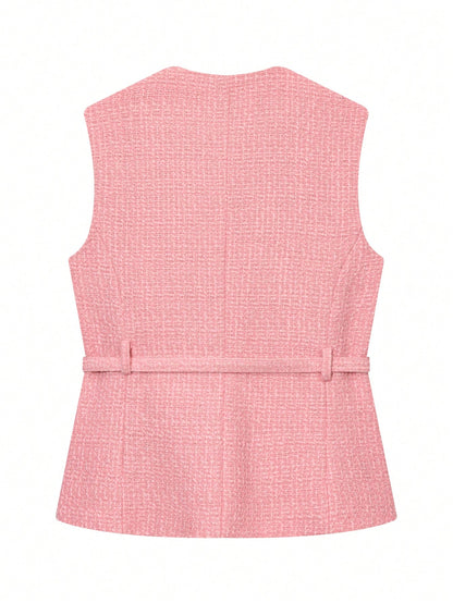 Women's Elegant Single-Breasted Sleeveless Top, Casual Fashion Pocket Decor Vest Summer