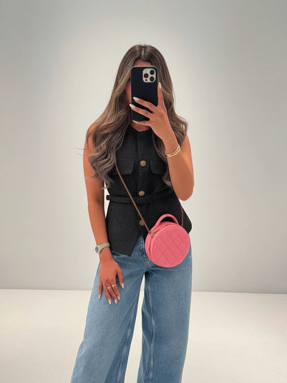 Women's Elegant Single-Breasted Sleeveless Top, Casual Fashion Pocket Decor Vest Summer