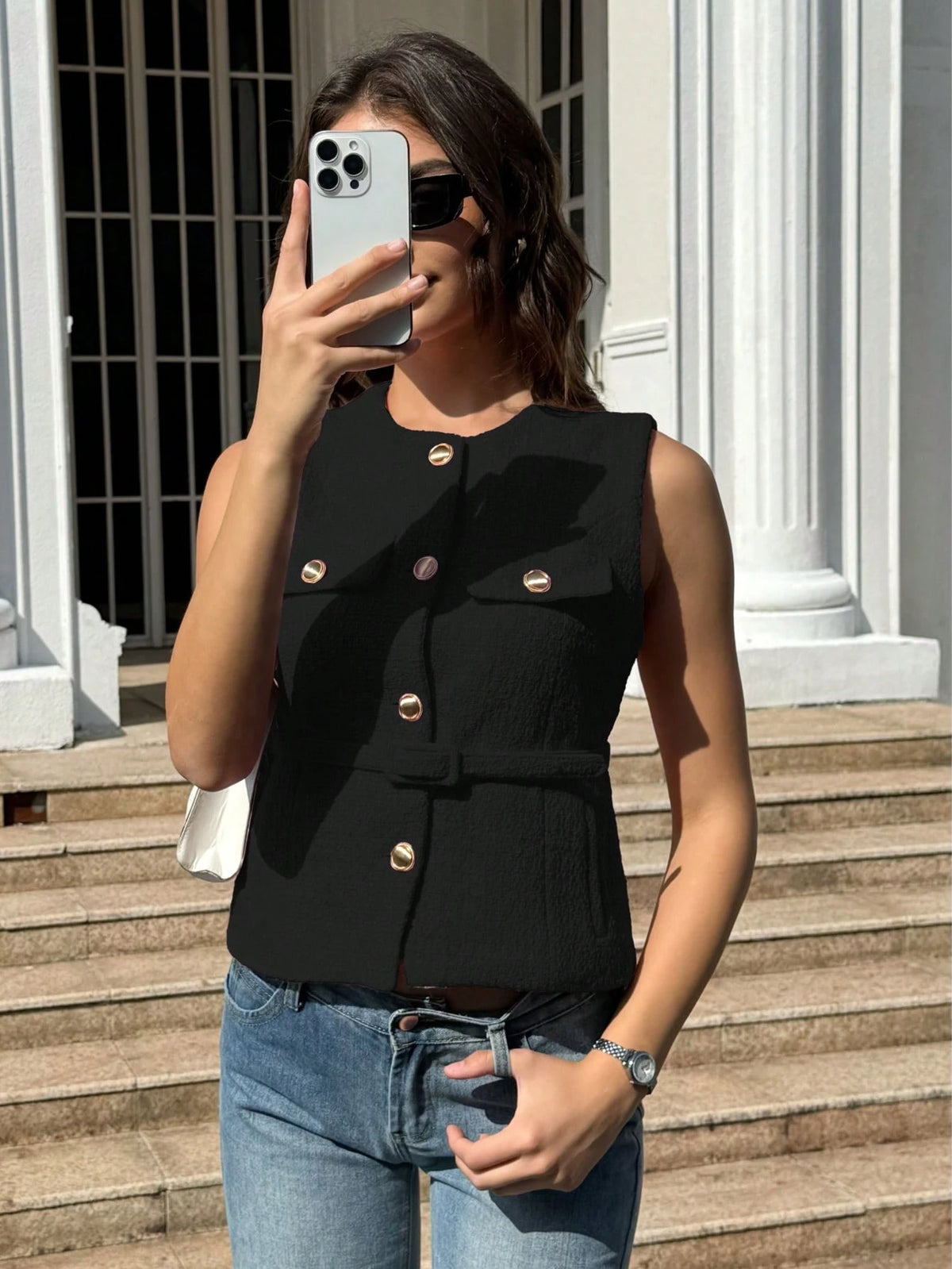 Women's Elegant Single-Breasted Sleeveless Top, Casual Fashion Pocket Decor Vest Summer