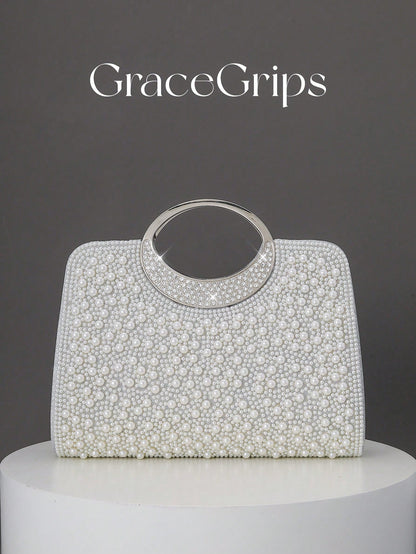 Women's Elegant/Solid Color Faux Pearl Pattern Design Party Handbag, Evening Clutch, Romantic Wedding Purse, Charming/Exquisite Evening Dress Bag, Shiny White Box Purse, Comes With Metal Chain, Ideal