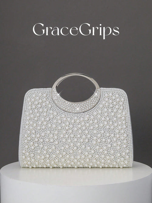 Women's Elegant/Solid Color Faux Pearl Pattern Design Party Handbag, Evening Clutch, Romantic Wedding Purse, Charming/Exquisite Evening Dress Bag, Shiny White Box Purse, Comes With Metal Chain, Ideal