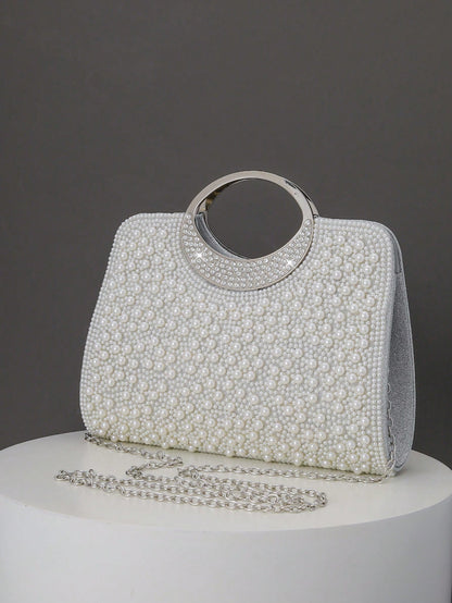 Women's Elegant/Solid Color Faux Pearl Pattern Design Party Handbag, Evening Clutch, Romantic Wedding Purse, Charming/Exquisite Evening Dress Bag, Shiny White Box Purse, Comes With Metal Chain, Ideal