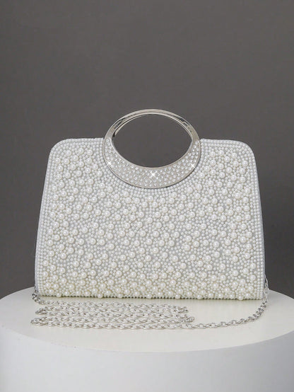 Women's Elegant/Solid Color Faux Pearl Pattern Design Party Handbag, Evening Clutch, Romantic Wedding Purse, Charming/Exquisite Evening Dress Bag, Shiny White Box Purse, Comes With Metal Chain, Ideal