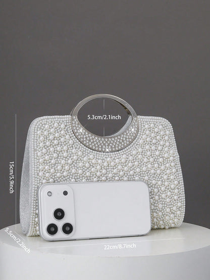 Women's Elegant/Solid Color Faux Pearl Pattern Design Party Handbag, Evening Clutch, Romantic Wedding Purse, Charming/Exquisite Evening Dress Bag, Shiny White Box Purse, Comes With Metal Chain, Ideal