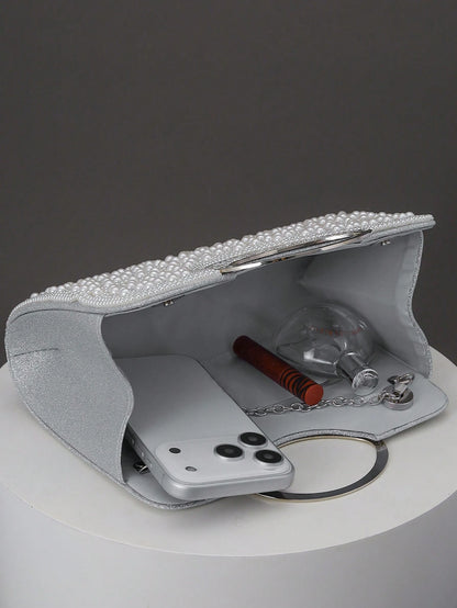 Women's Elegant/Solid Color Faux Pearl Pattern Design Party Handbag, Evening Clutch, Romantic Wedding Purse, Charming/Exquisite Evening Dress Bag, Shiny White Box Purse, Comes With Metal Chain, Ideal