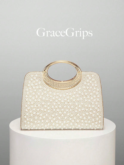 Women's Elegant/Solid Color Faux Pearl Pattern Design Party Handbag, Evening Clutch, Romantic Wedding Purse, Charming/Exquisite Evening Dress Bag, Shiny White Box Purse, Comes With Metal Chain, Ideal