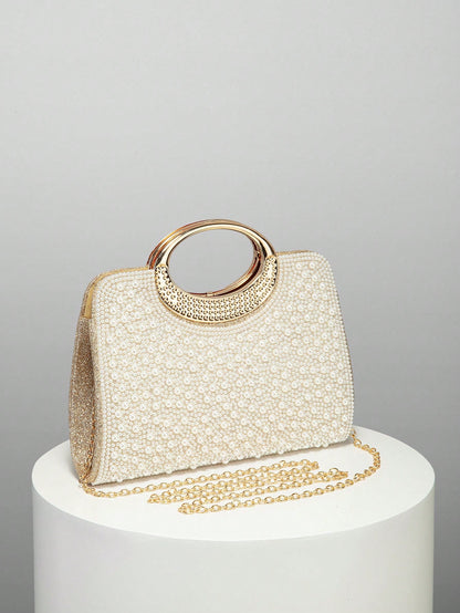 Women's Elegant/Solid Color Faux Pearl Pattern Design Party Handbag, Evening Clutch, Romantic Wedding Purse, Charming/Exquisite Evening Dress Bag, Shiny White Box Purse, Comes With Metal Chain, Ideal