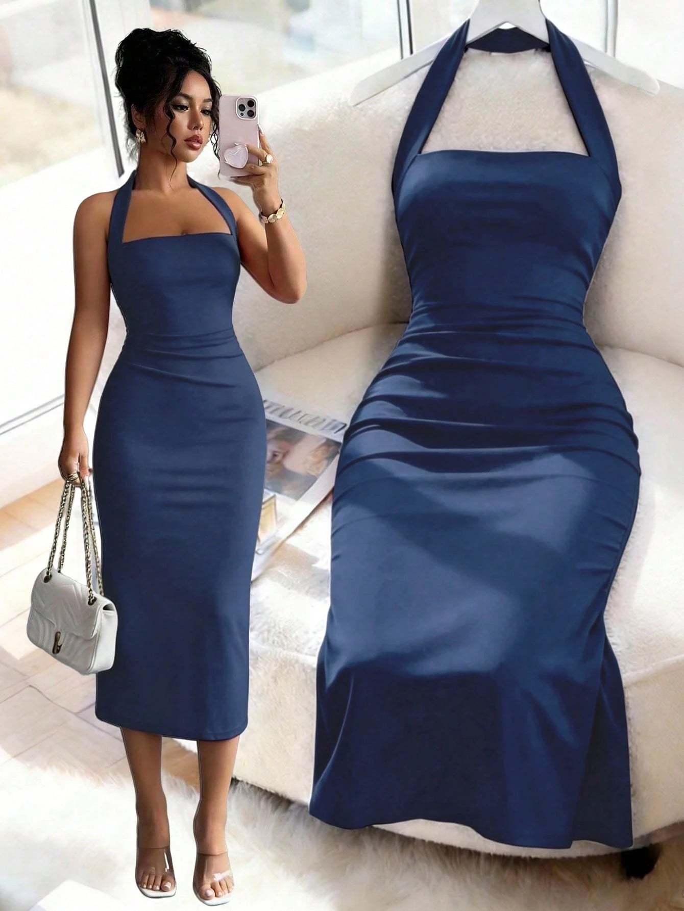 Women's Elegant Solid Color Mid-Length Dress, Suitable For Vacation, Daily Gatherings, Dating And Other Occasions Summer