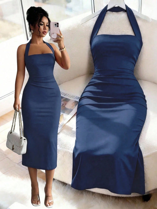 Women's Elegant Solid Color Mid-Length Dress, Suitable For Vacation, Daily Gatherings, Dating And Other Occasions Summer