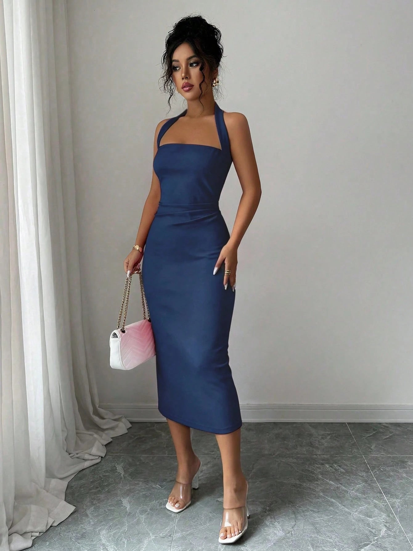 Women's Elegant Solid Color Mid-Length Dress, Suitable For Vacation, Daily Gatherings, Dating And Other Occasions Summer