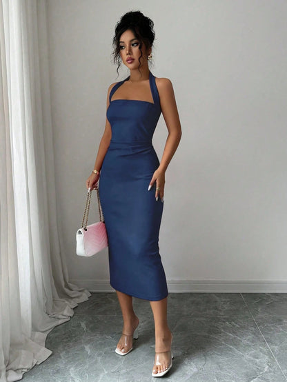 Women's Elegant Solid Color Mid-Length Dress, Suitable For Vacation, Daily Gatherings, Dating And Other Occasions Summer