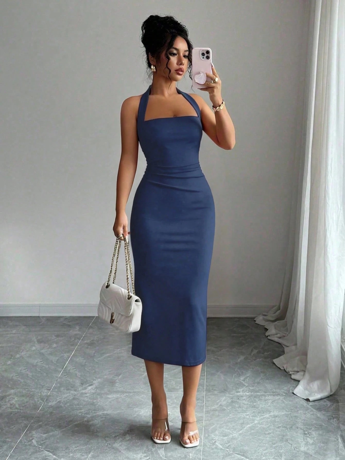 Women's Elegant Solid Color Mid-Length Dress, Suitable For Vacation, Daily Gatherings, Dating And Other Occasions Summer