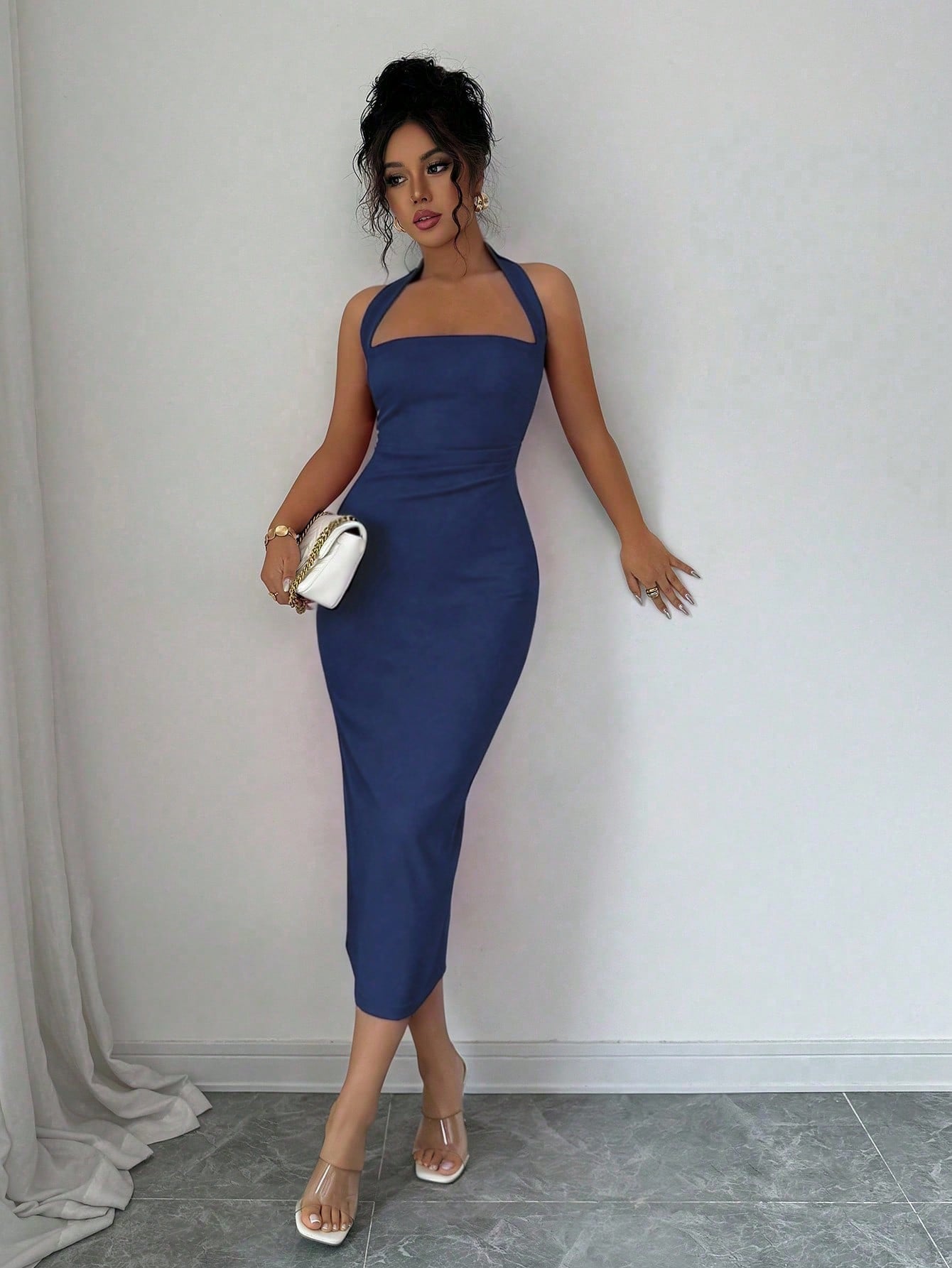 Women's Elegant Solid Color Mid-Length Dress, Suitable For Vacation, Daily Gatherings, Dating And Other Occasions Summer