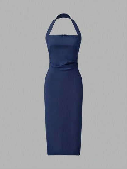 Women's Elegant Solid Color Mid-Length Dress, Suitable For Vacation, Daily Gatherings, Dating And Other Occasions Summer