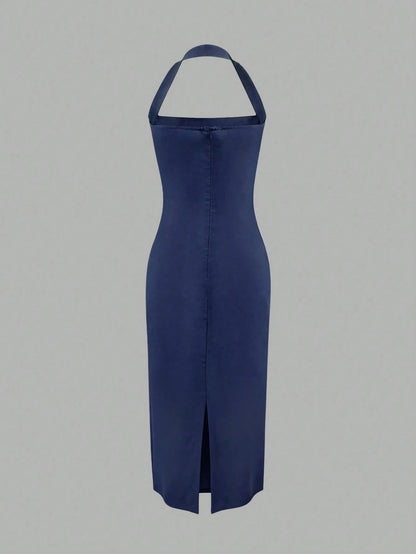 Women's Elegant Solid Color Mid-Length Dress, Suitable For Vacation, Daily Gatherings, Dating And Other Occasions Summer