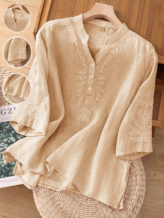 Women's Elegant Vintage Casual Literary Embroidered Blouse, Solid Color Non-Positioned Embroidery Loose Casual Linen Boho Top Summer