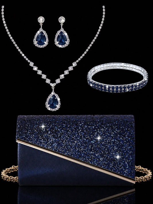 Women's Evening Clutch Bag, Fashionable Solid Color, Shiny Material Women's Handbag, Metal Edge Envelope Bag, Paired With Sparkling Rhinestone Jewelry 3 Pieces Set, Rhinestone Pendant Necklace, Earrin