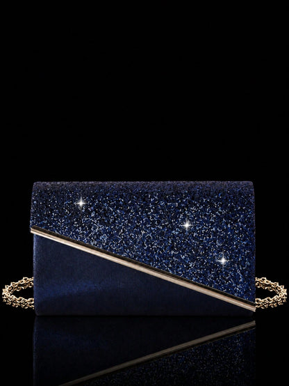 Women's Evening Clutch Bag, Fashionable Solid Color, Shiny Material Women's Handbag, Metal Edge Envelope Bag, Paired With Sparkling Rhinestone Jewelry 3 Pieces Set, Rhinestone Pendant Necklace, Earrin
