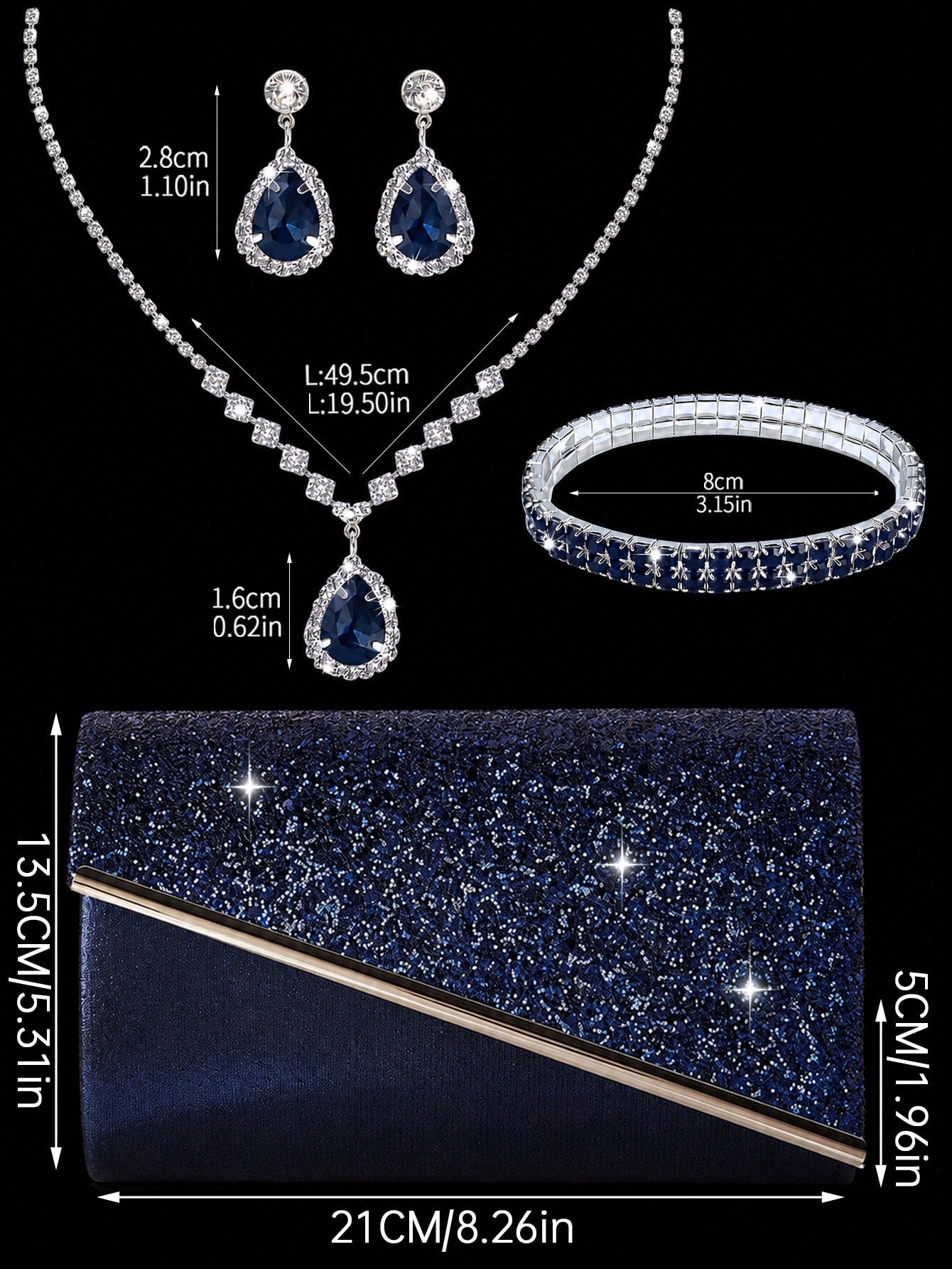 Women's Evening Clutch Bag, Fashionable Solid Color, Shiny Material Women's Handbag, Metal Edge Envelope Bag, Paired With Sparkling Rhinestone Jewelry 3 Pieces Set, Rhinestone Pendant Necklace, Earrin