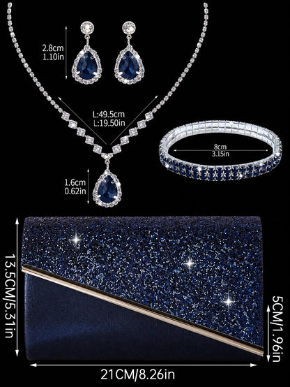 Women's Evening Clutch Bag, Fashionable Solid Color, Shiny Material Women's Handbag, Metal Edge Envelope Bag, Paired With Sparkling Rhinestone Jewelry 3 Pieces Set, Rhinestone Pendant Necklace, Earrin