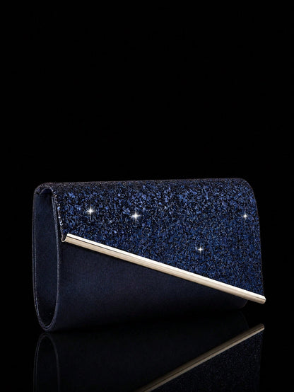 Women's Evening Clutch Bag, Fashionable Solid Color, Shiny Material Women's Handbag, Metal Edge Envelope Bag, Paired With Sparkling Rhinestone Jewelry 3 Pieces Set, Rhinestone Pendant Necklace, Earrin